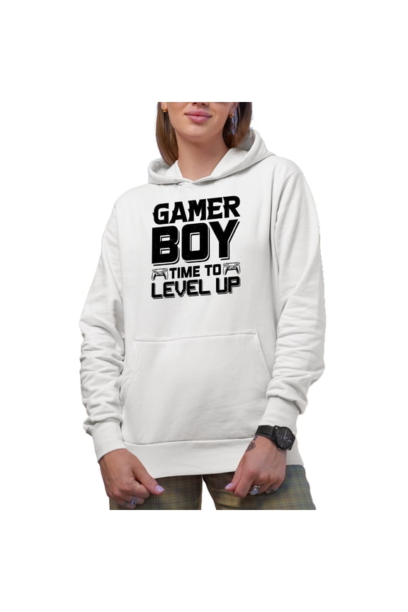 Gamer Boy, Time to Level Up, Video Gaming Enthusiast with Game Controller, White Hooded Sweatshirt or Hoodie, XL