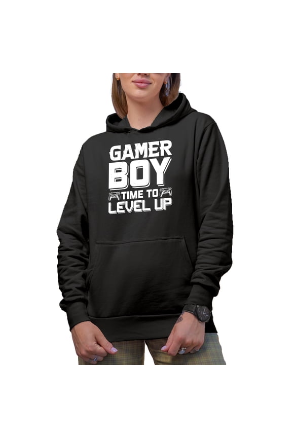 Gamer Boy, Time to Level Up - Video Gaming Lover or Enthusiast, Black Hooded Sweatshirt or Hoodie, Medium