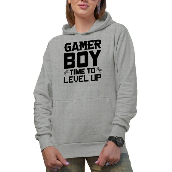 Gamer Boy, Time to Level Up, Video Gaming Lover or Enthusiast, Heather Grey Hooded Sweatshirt or Hoodie, Small