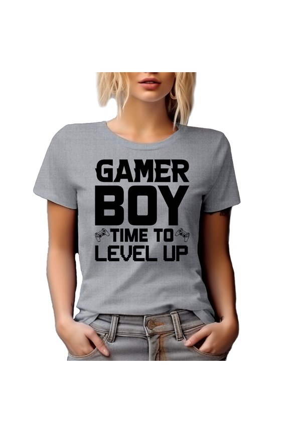 Gamer Boy, Time to Level Up, Video Gaming Lover or Enthusiast, Heather Grey T-Shirt, Medium