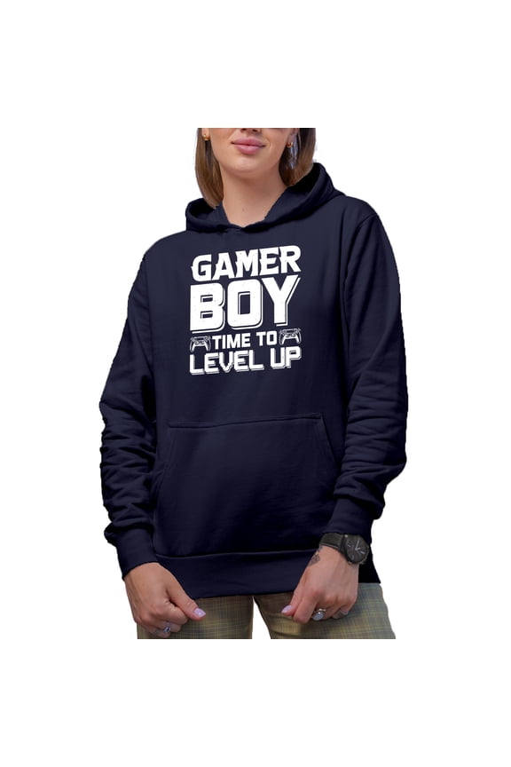 Gamer Boy, Time to Level Up - Video Gaming Lover or Enthusiast, Navy Blue Hooded Sweatshirt or Hoodie, Small