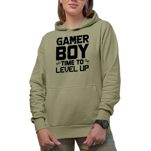 Gamer Boy, Time to Level Up, Video Gaming Lover or Enthusiast, Sand Hooded Sweatshirt or Hoodie, Medium