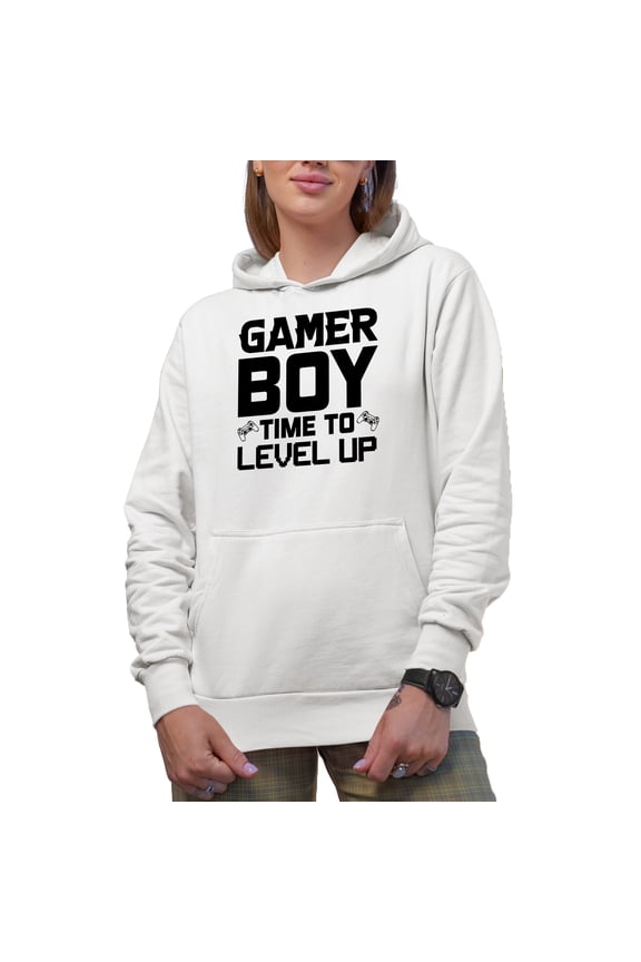 Gamer Boy, Time to Level Up, Video Gaming Lover or Enthusiast, White Hooded Sweatshirt or Hoodie, XL