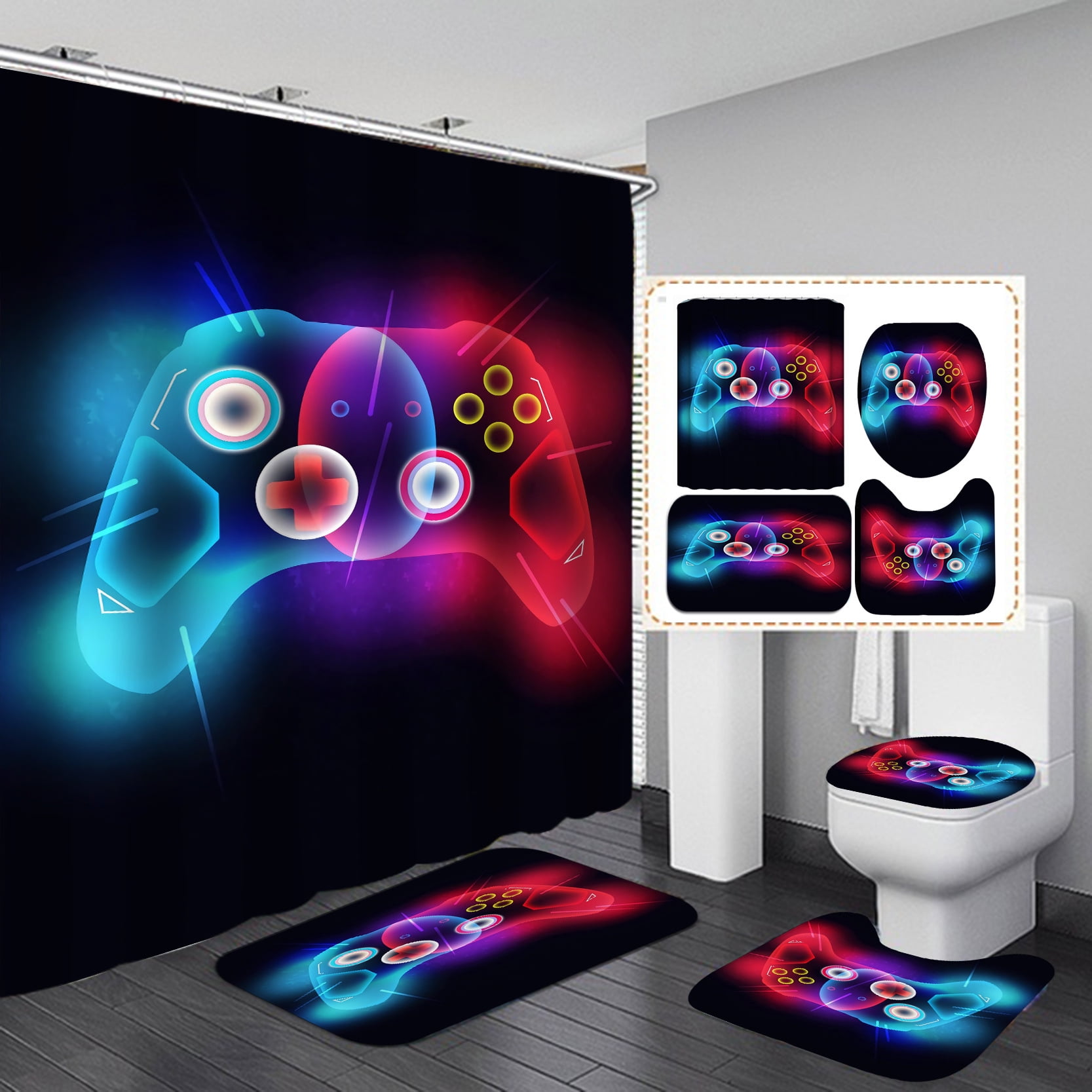 Gamer Boys Girls Bathroom Set with Shower Curtain and Rugs Accessories