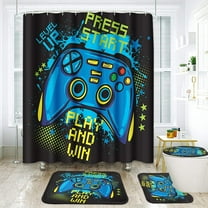 Gamer Boys Girls Bathroom Set with Shower Curtain and Rugs Accessories, Cute Kids Shower Curtain Set, Computer Child Play Game Shower Curtain for Bathroom, Level Up Bathroom Decor 4 Pcs