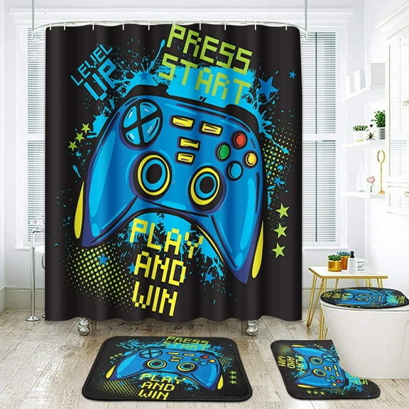 Gamer Boys Girls Bathroom Set with Shower Curtain and Rugs Accessories, Cute Kids Shower Curtain Set, Computer Child Play Game Shower Curtain for Bathroom, Level Up Bathroom Decor 4 Pcs