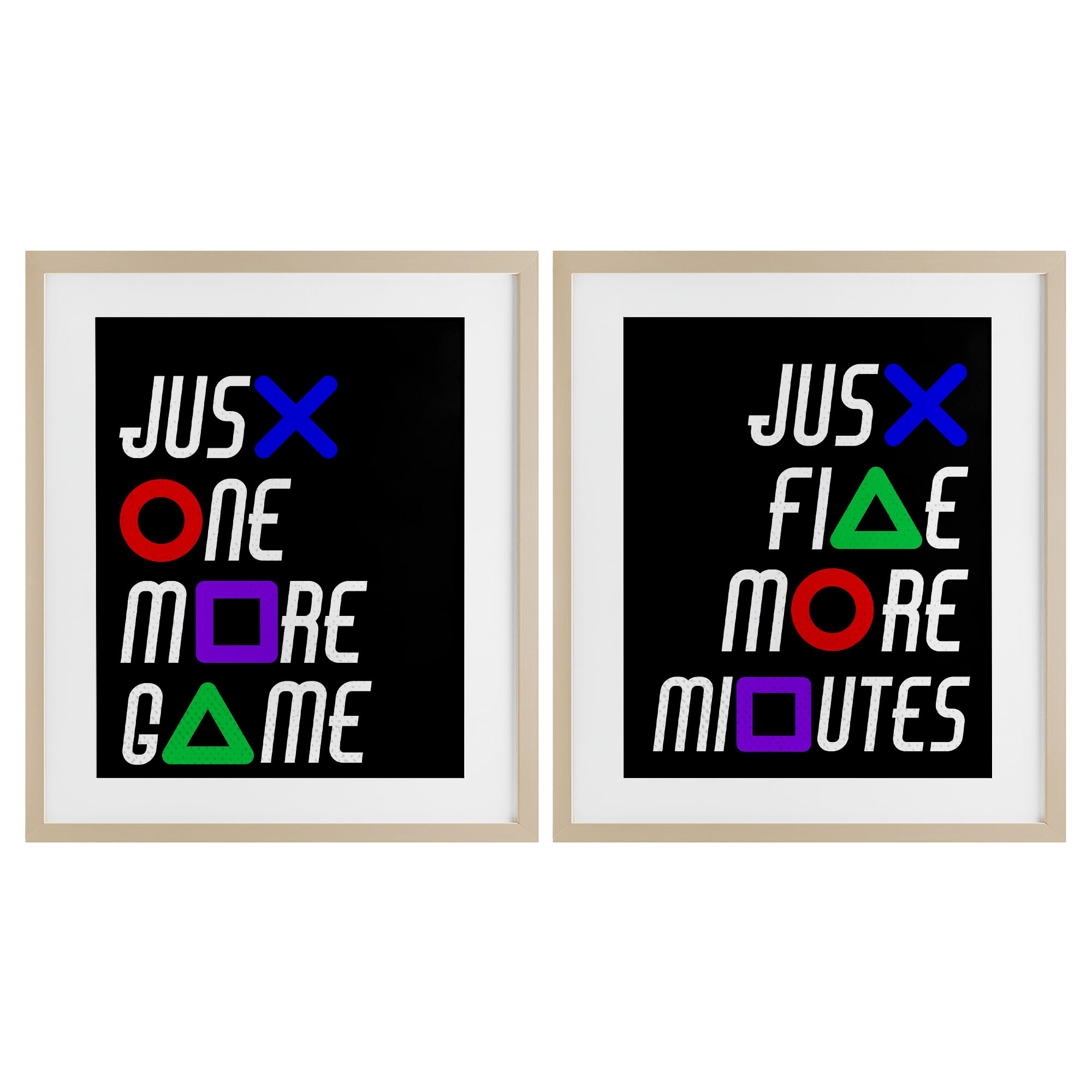 Gamer Button Symbols Phrases 2 Piece Birch Framed Print Under Glass Set, design by Kim Allen
