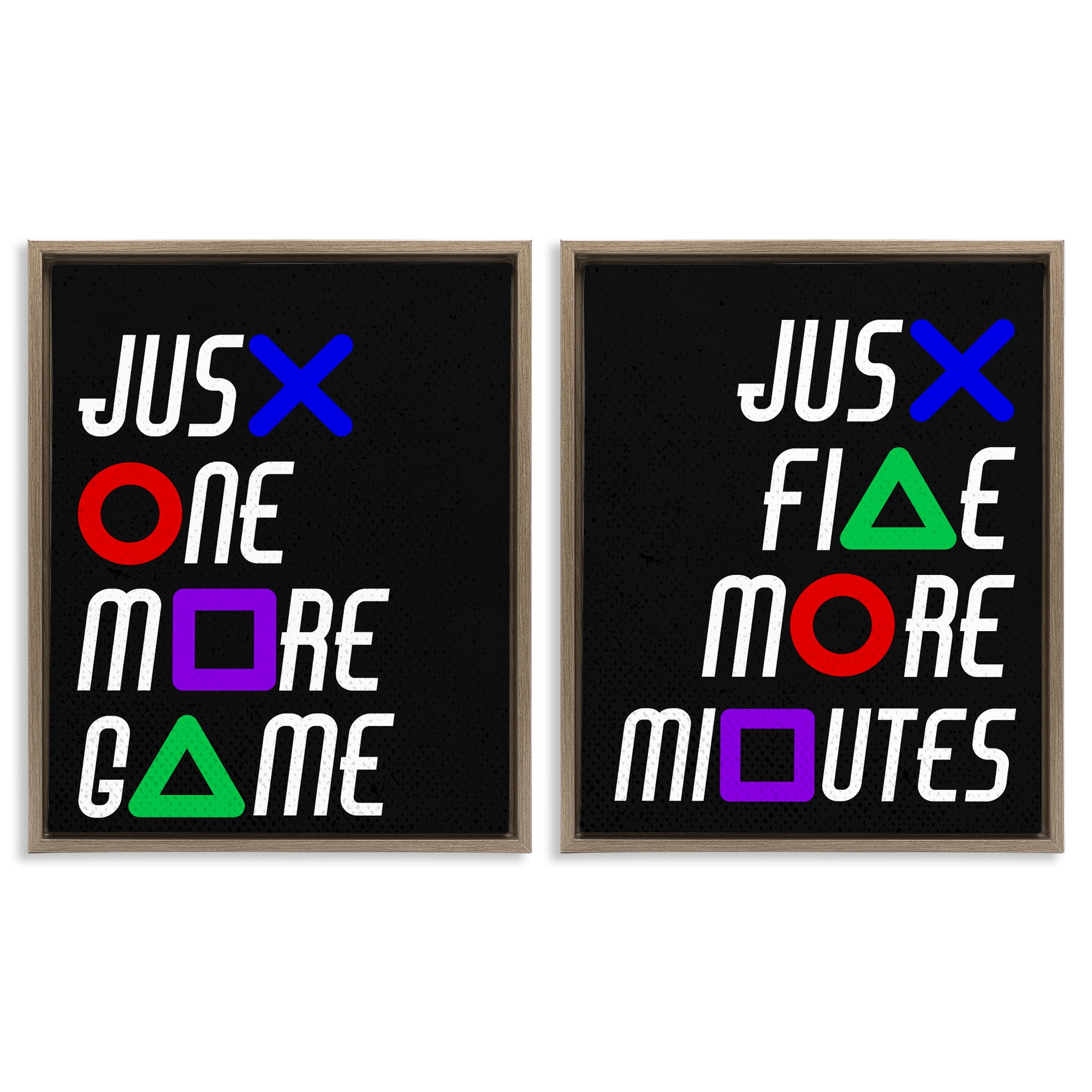 Gamer Button Symbols Phrases 2 Piece Brown Framed Floater Canvas Set, design by Kim Allen