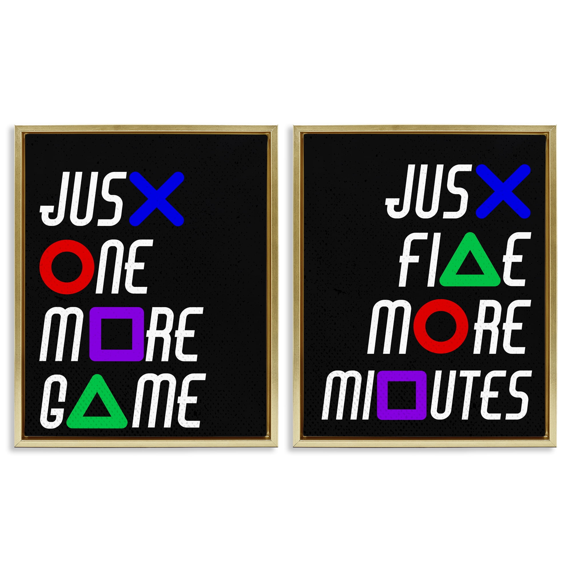 Gamer Button Symbols Phrases 2 Piece Gold Framed Floater Canvas Set, design by Kim Allen