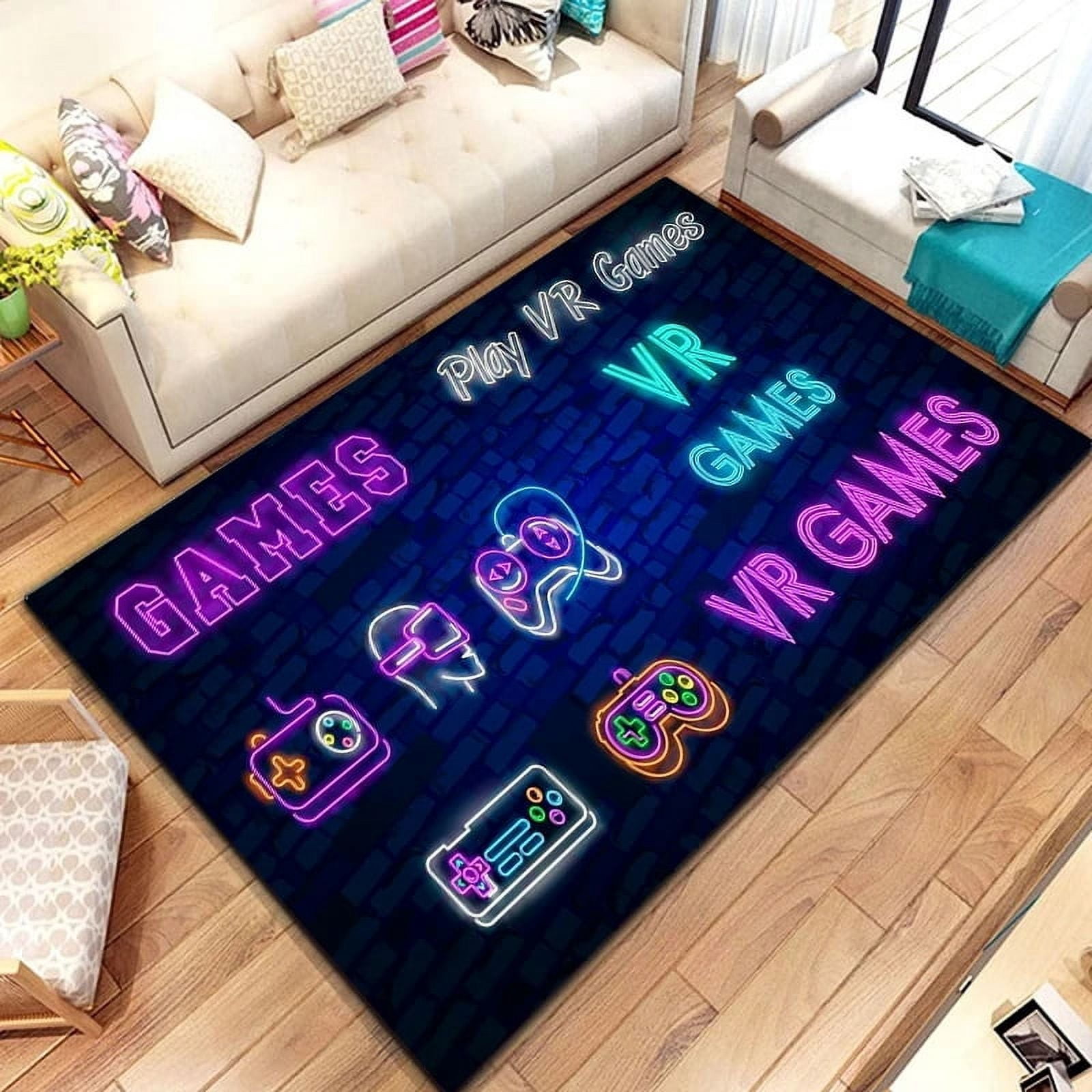 Blacklight Gaming Rug 47x71 Inches - Fluorescent Green Gamer Rug With Controller Design For Bedroom, Game Room & Dorm Decor