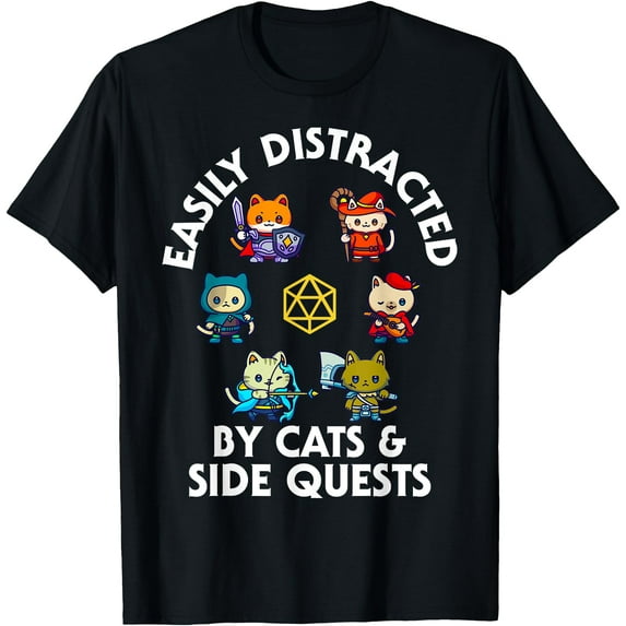 Gamer Cats Side Quests D20 Dice Nerdy Kitten Unisex T-Shirt for Men Women Kids Toddler,Black Color,Size YL