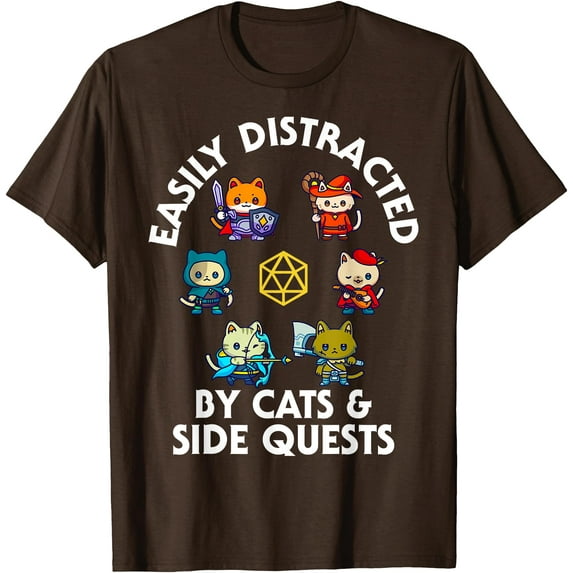 Gamer Cats Side Quests D20 Dice Nerdy Kitten Unisex T-Shirt for Men Women Kids Toddler,Dark Chocolate Color,Size YXL