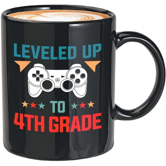 Gamer Coffee Mug 11Oz Black - Leveled Up To 4th Grade - Primary School Student Elementary Video Game Gaming Son Daughter from Mom Dad