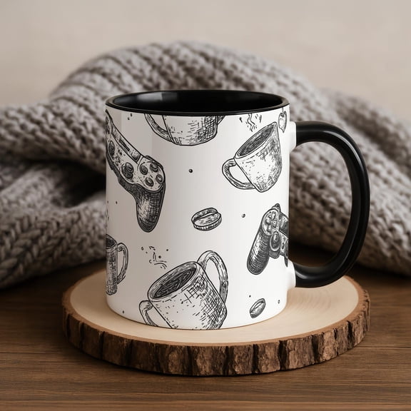 Gamer Coffee Mug with Controller and Coffee Pattern, Gaming Gift for Gamers, Video Game Lover Mug