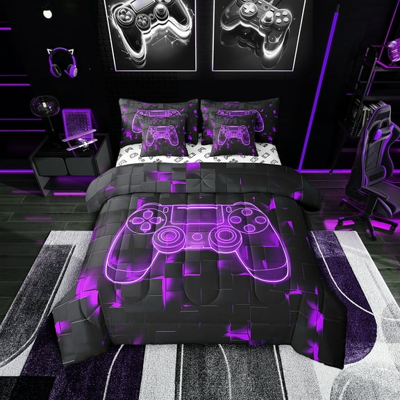 Gamer Comforter, Gaming Bedding Set, Video Games Bed In A Bag Twin 7 Pieces - 1 Comforter, 1 Fitted Sheet, 1 Flat Sheet, 2 Pillow Cases, 2 Throw Pillow Covers, Purple Black