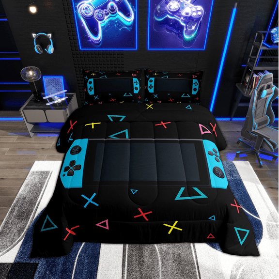 Gamer Comforter Set Bedroom Gaming Bedding Set Video Game Comforter Full Size Home Decor Curtain Geometric Triangle Circle Quilted Duvet Set with 2 Pillow Sham Colorful