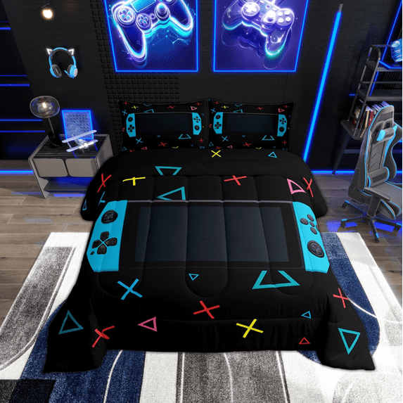 Gamer Comforter Set Bedroom Gaming Bedding Set Video Game Comforter Twin Size Home Decor Curtain Geometric Triangle Circle Quilted Duvet Set with 1 Pillow Sham Colorful