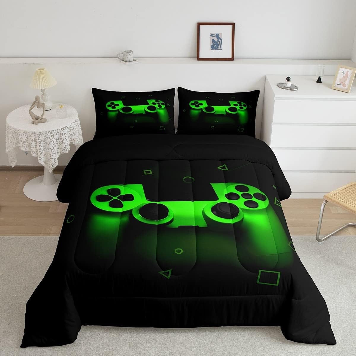 Gamer Themed Comforter Set for Boys/Men Full Size, Green Gamepad