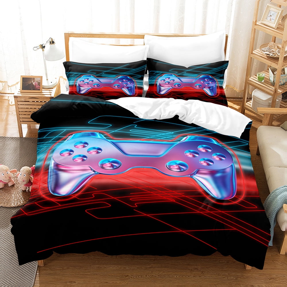 Feelyou Kids Gamer Comforter Set - Full Size 3D Gaming Bedding For Boys & Girls, Blue/Black Controller Design