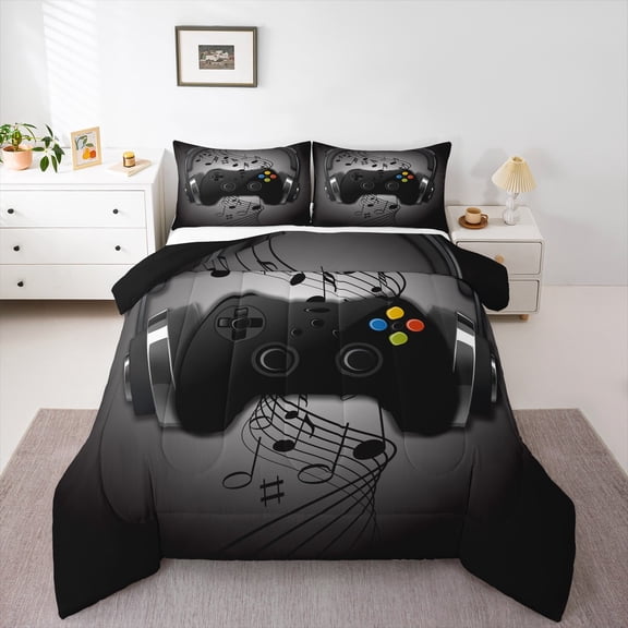 Gamer Comforter Set Queen,Black Grey Headphones Musical Design Games Gamepad Bedding Set Video Game Room Decor Retro Playing Gamer Down Comforter Gaming Controller Quilted Duvet Set