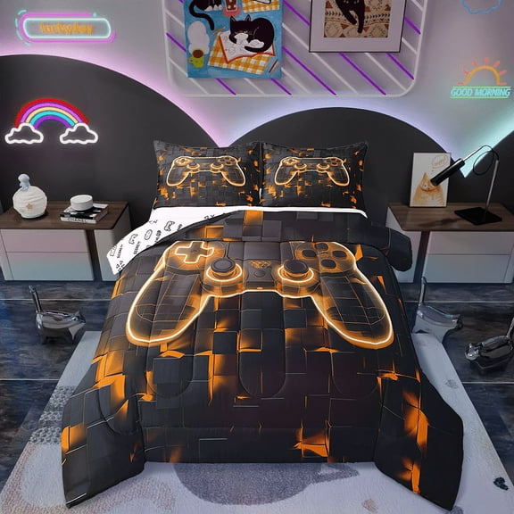 Gamer Comforter Sets Gaming Room Bedding Full Soft Reversible Bedding Comforter Sets, Orange Geometry Honeycomb Print Duvet Insert 3 Pcs, Modern Abstract Plaid Quilt