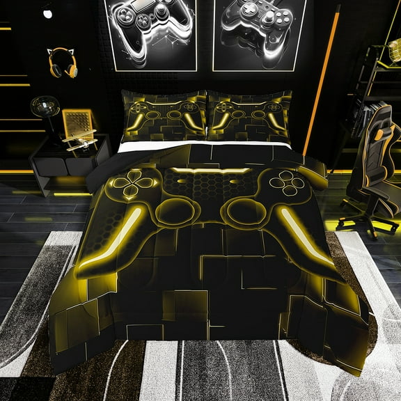 Gamer Comforter Sets Gaming Bedding Sets Twin Room Decor,Game Contoller Down Comforter 2Pcs Gamer Gifts Bed Set For All Season,Ombre Yellow Gamepad