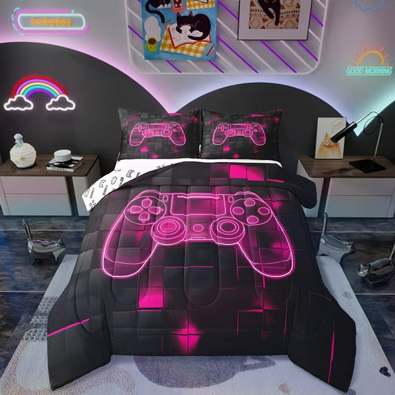 Gamer Comforter Sets Full Video Game Gaming Teen Bedding Set Gamer Room Decor,Hot Pink Black Gamepad Bed Comforter Set Geometric Grid Quilt Reversible Duvet