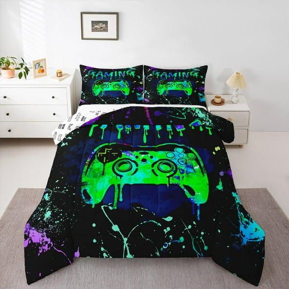 Gamer Comforter Sets Twin Size,Gaming Bedding Sets Teens Gamer Room Decor,Video Game Console Gaming Comforter Set Green Teal Black Tie Dye Quilt Set 2Pcs