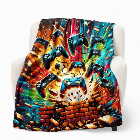 Gamer Controller Fleece Blanket, Colorful 3D Print Cozy Throw