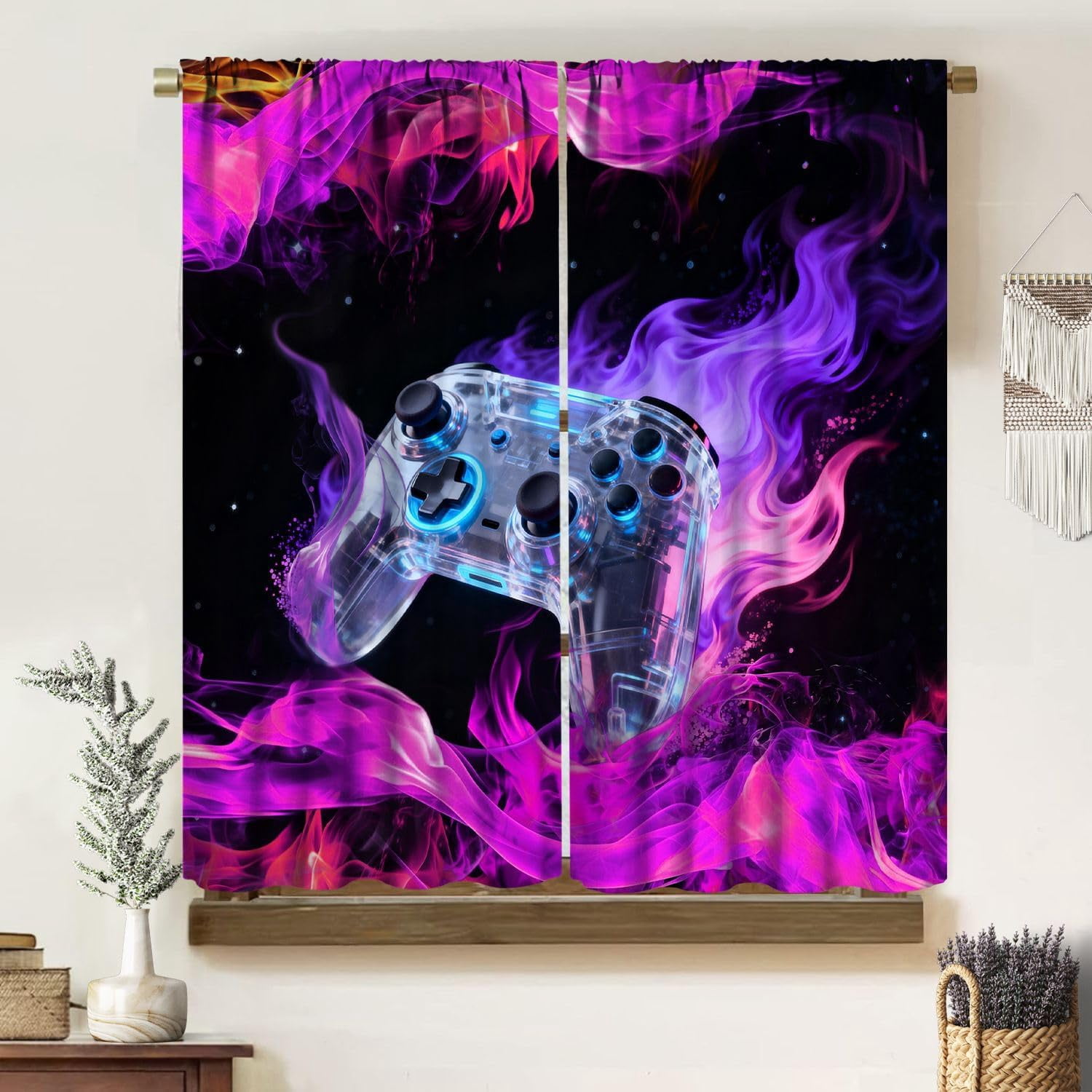 Gamer Curtains for Boys Teens,Purple Flame Creative Game Controller Cool Video Game Print Blackout Rod Pocket Window Treatments Drapes for Bedroom Playroom Home Decor 84" W X 84" L