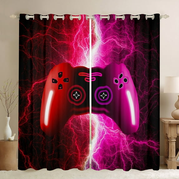 Gamer Curtains Drapes Hot Pink Red Gaming Gamepad Curtains,Video Game Console Window Curtains Modern Lightning Curtains 2 Panels (38Wx45L) Bedroom Decor
