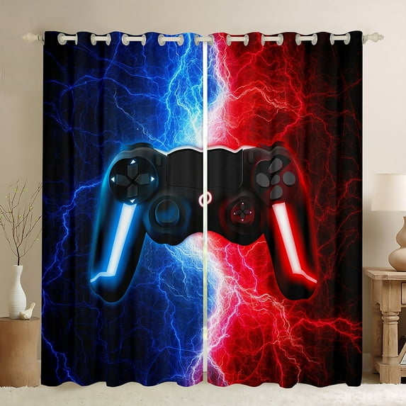 Gamer Curtains Drapes Blue and Red Gaming Gamepad Curtains,Video Game Console Window Curtains Modern Lightning Curtains 2 Panels (38Wx45L) Bedroom Decor