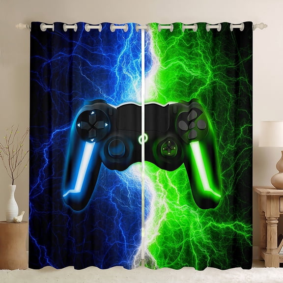 Gamer Curtains Drapes Green and Blue Gaming Gamepad Curtains,Video Game Console Window Curtains Modern Lightning Curtains 2 Panels (38Wx45L) Bedroom Decor