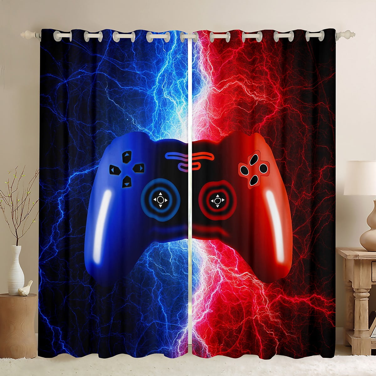 Gamer Curtains Drapes Red and Blue Gaming Curtains,Video Game Console  Window Curtains Modern Lightning Curtains 2 Panels 2 Panels,(42Wx63L)  Bedroom ..., image size:1200x1200
