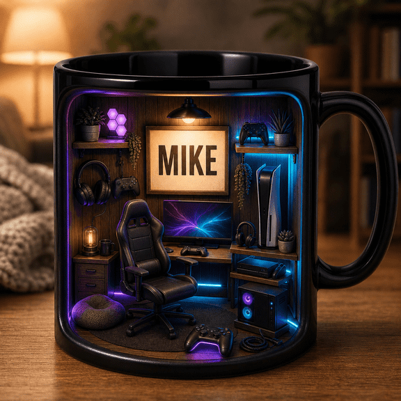 Gamer Dad Custom Mug Personalized Accent Mug with Controller Headset Neon Lights