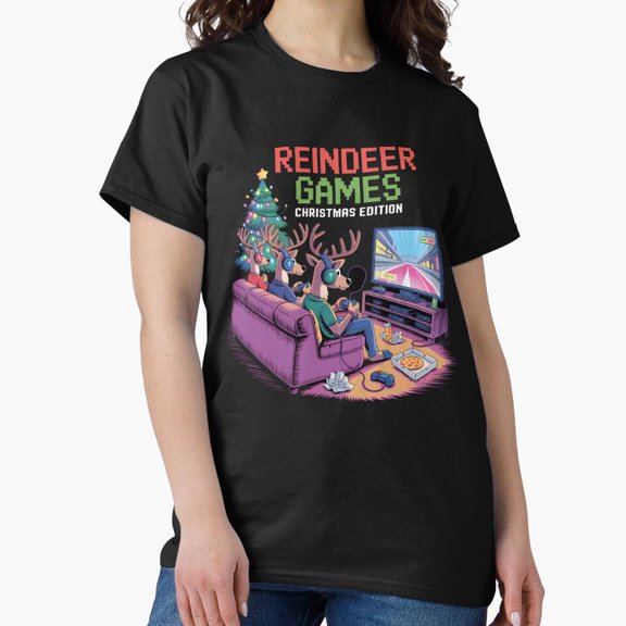 Gamer Deer Funny Reindeer Playing Video Games Holiday Humor Unisex T-Shirt, up to size 5XL