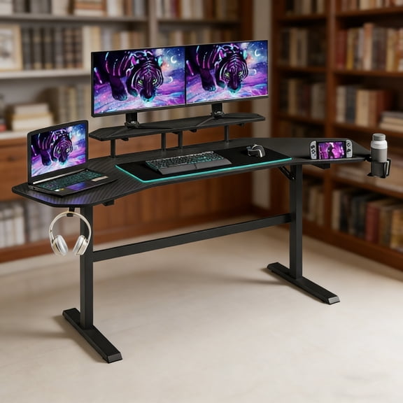Gamer Desk  Ergonomic Game Desk Table for Home Office & Esports Setups, Computer Gaming Workstation with Curved Surface, Cable Management & Side Storage Hooks