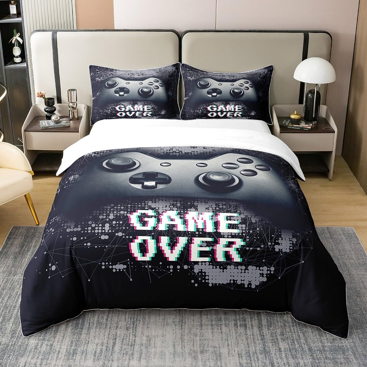 Manfei Geometric Gamepad Duvet Cover Set Twin Size, Blue Honeycomb Gaming Comforter Cover With 1 Pillowcase, Modern Gamer Bedding Set 2pcs
