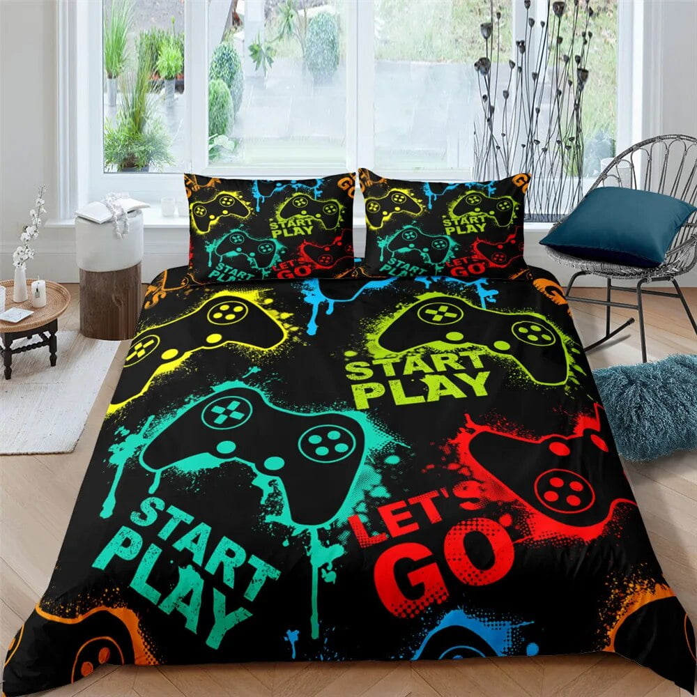 Gamer Duvet Cover Set 3D Print Boys Playroom Black Button with