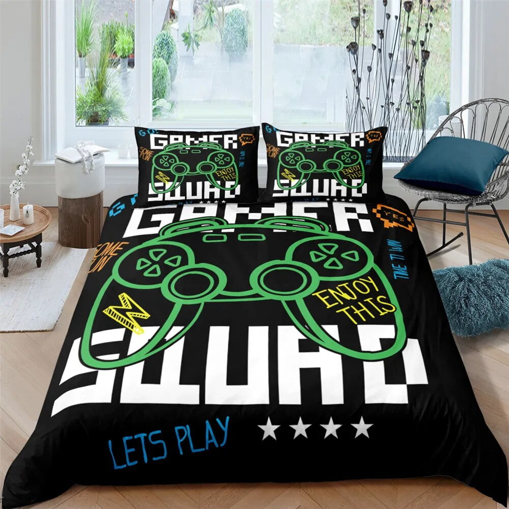 Gamer Duvet Cover Set 3D Print Boys Playroom Black Button with