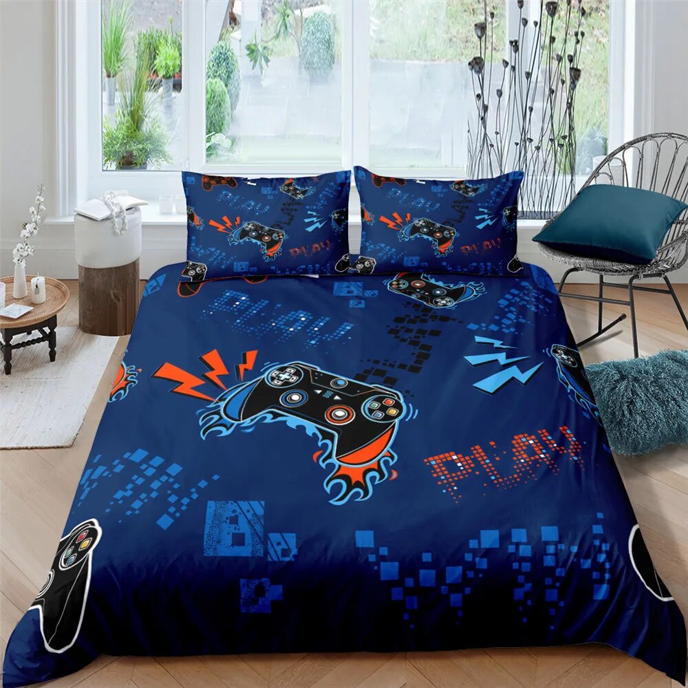 Gamer Duvet Cover Set 3D Print Boys Playroom Black Button with
