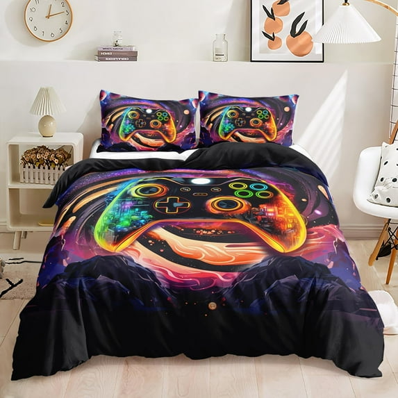 Gamer Duvet Cover Set, Gaming Gamepad Bedding Set for Boys Kids Teen,Purple Space Planet Game Controller Gamer Quilt Cover and 2 Pillowcases,3 Pieces Video Game Duvet Cover Set