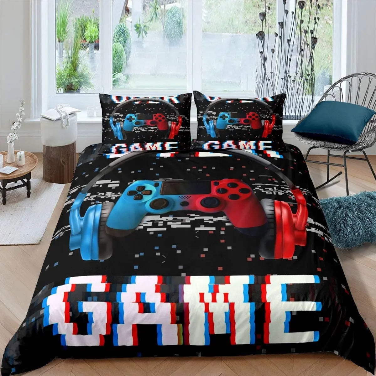 Gamer Duvet Cover Set Rotating Music Comforter Cover Gamepad Gaming
