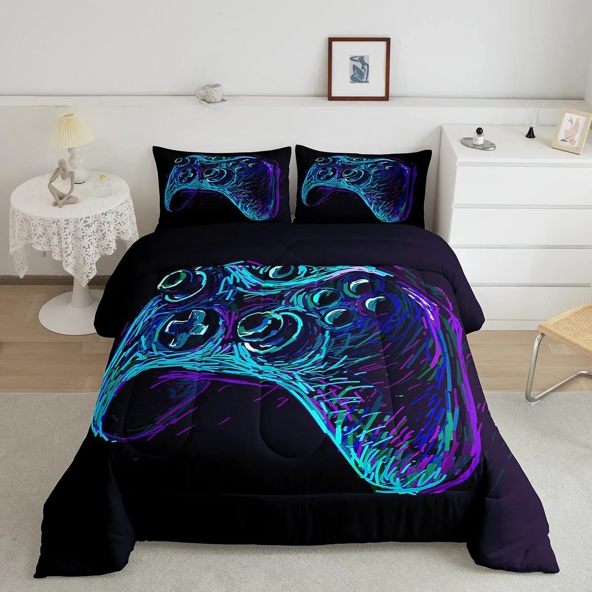 Gamer Duvet Cover Set Rotating Music Comforter Cover Gamepad Gaming
