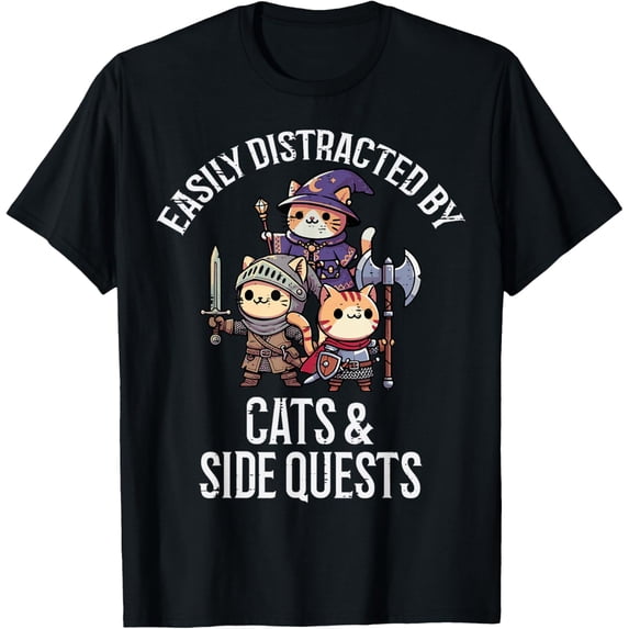 Gamer Easily Distracted by Cats Side Quests Men Boys Kids T-Shirt