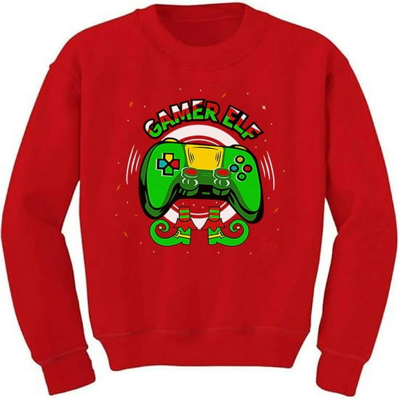 Gamer Elf Controller Christmas Sweatshirt for Kids Youth Kids Sweatshirt Large Red