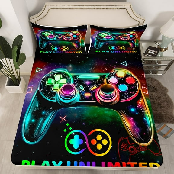 Gamer Fitted Sheet Gaming Bed Sheets Gamer Gifts,Game Consoles Sheets Rainbow Galaxy Full Bed Set,Gaming Decor Bedroom Decor(No Top Sheet)