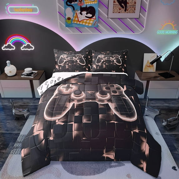 Gamer Full Bedding Gaming Comforter Sets 3 Pcs, Gaming Room Bedding Comforter Sets Beige Pink Geometry Honeycomb Print Duvet Insert Modern Abstract Plaid Quilt Soft Reversible
