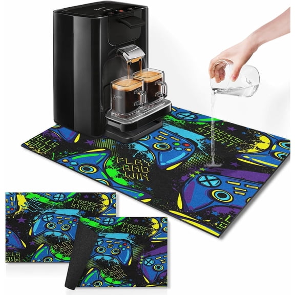 Gamer Gamepad Coffee Mat for Countertops, Blue Gaming Boy Dish Drying Mat 2 Pcs for Kitchen Coffee Bar Accessories Fit Under Coffee Maker Espresso Machine Dish Rack Hide Stain Rubber