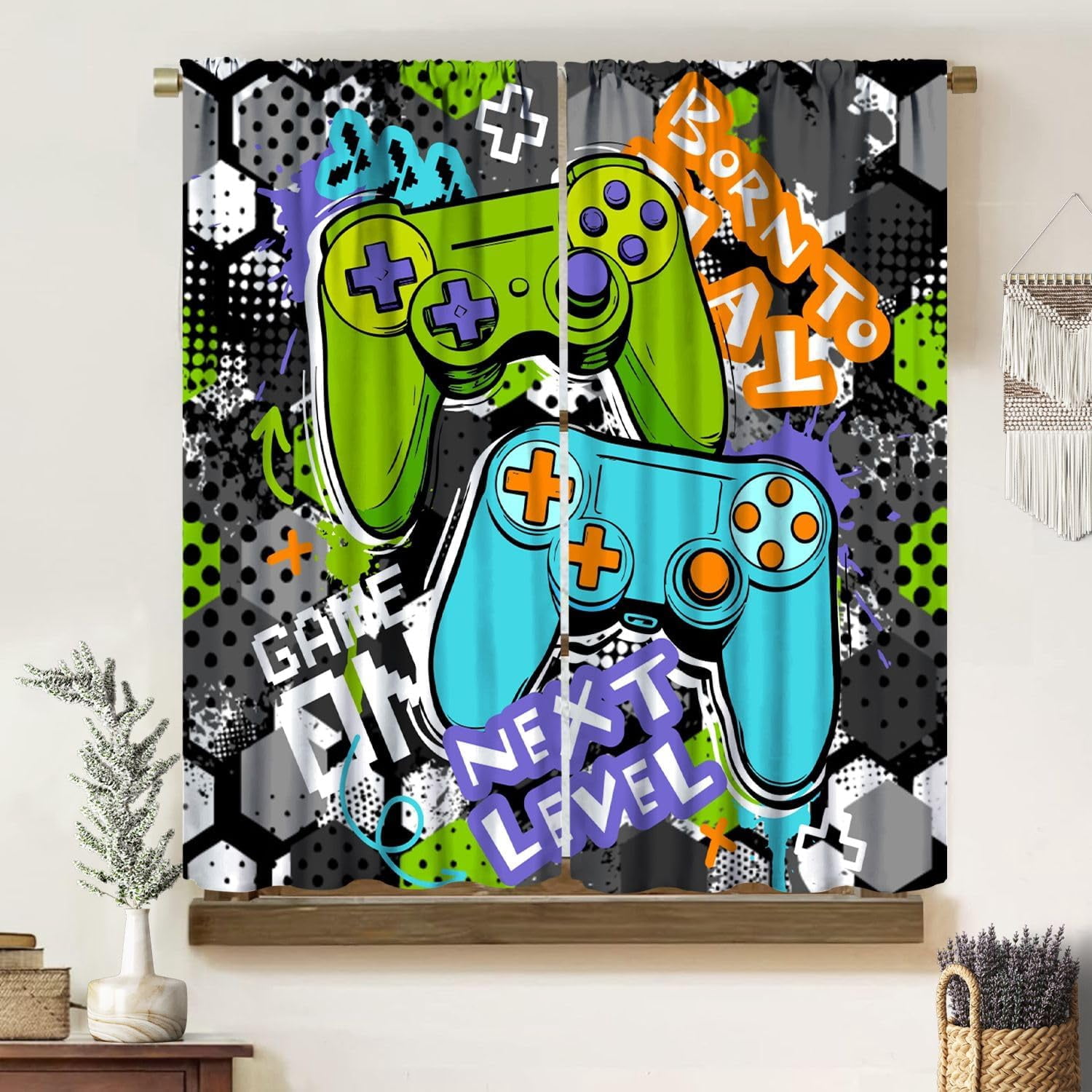 Gamer Gamepad Curtain for Teen Boys Girls Kids, Modern Cartoon Video Games Gamepad Controller Print Blackout Rod Pocket Window Treatments Drapes for Bedroom Playroom Home Decor 42" W X 54" L